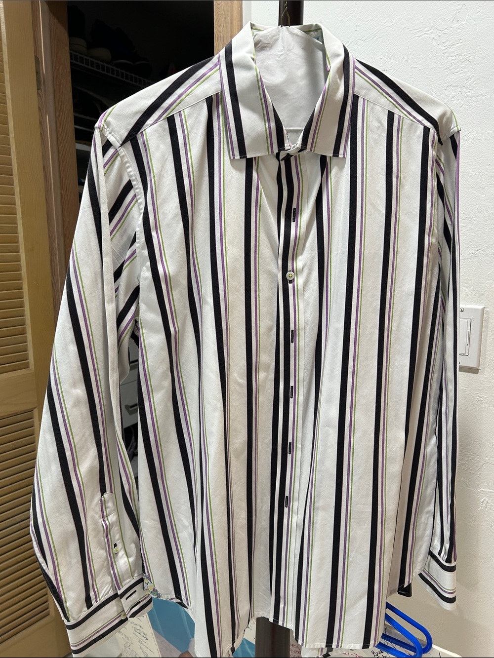 Robert Graham White Shirt with Black, Purple and Tan Stripes